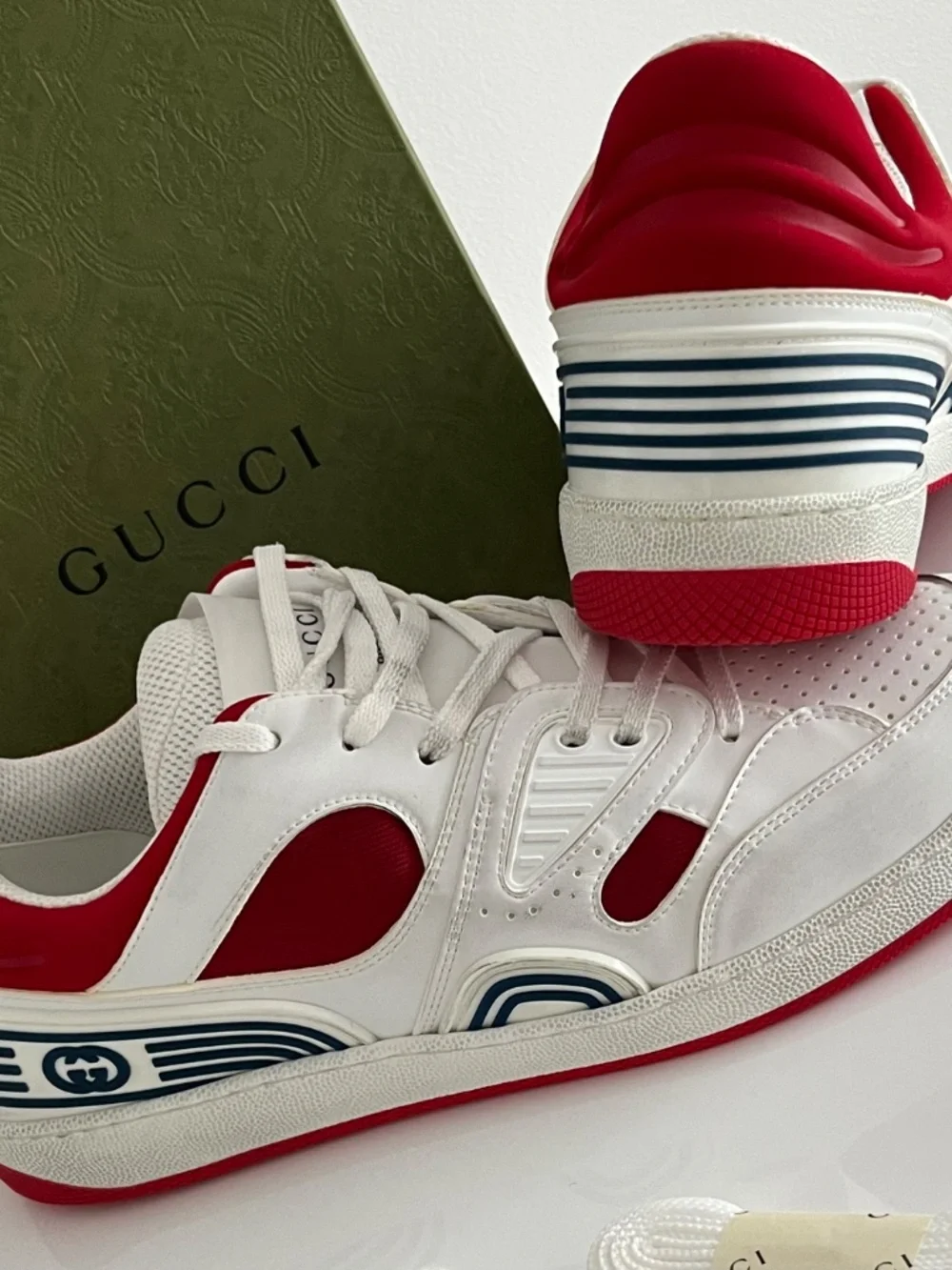 Gucci Men's Basket Sneakers Low Top Lace Up Red White Blue Size 10 US 10.5 New